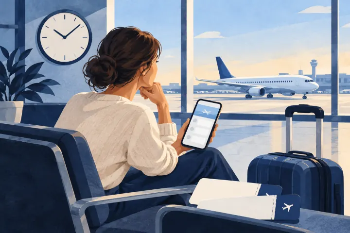 Ilustrace čekání na let: cestující s telefonem, kufr a hodiny