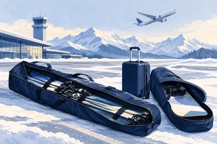 Ilustrace letu na lyže: lyžařský vak, snowboard a kufr