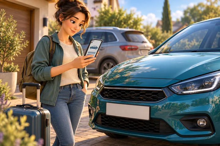 Cestující před cestou kontroluje údaje o autě v telefonu vedle vozu s prázdnou registrační tabulkou.