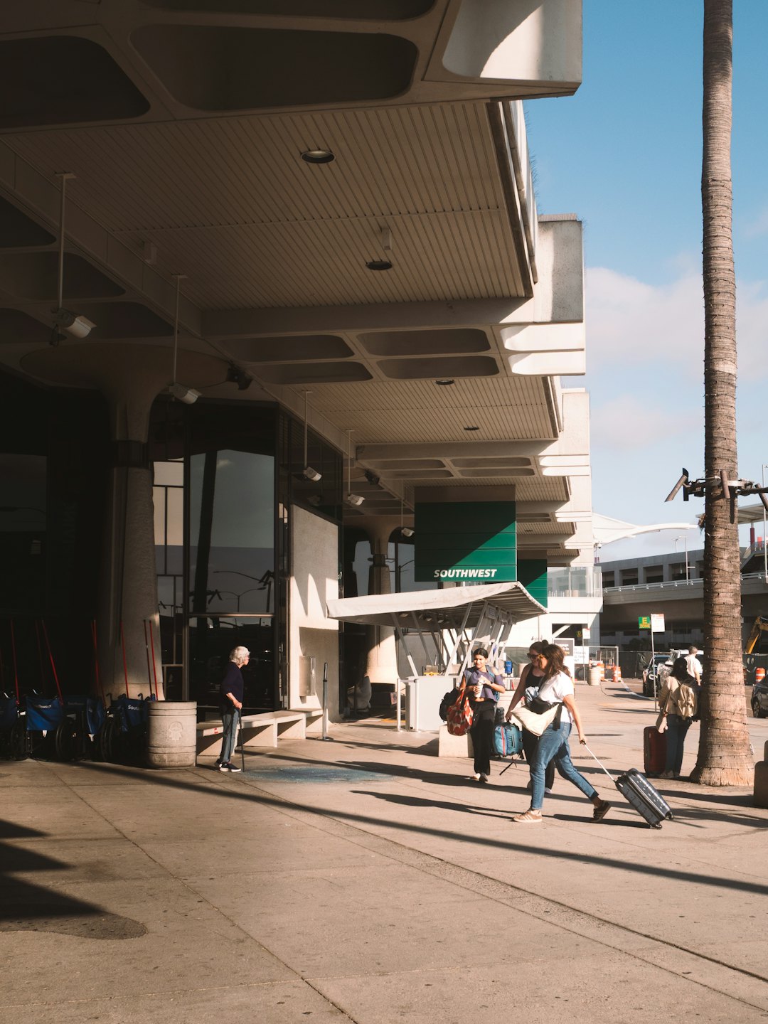 Cestující odcházejí z letiště s kufry